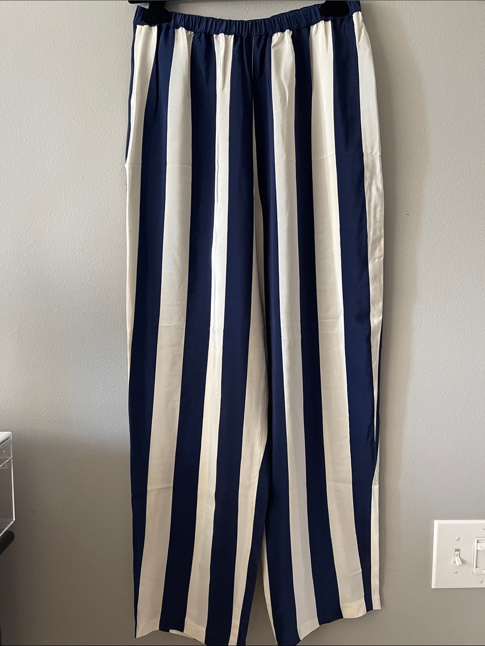 Silk Navy & White Vertical Stripe Relaxed pull on elastic waistband Jogger Pants